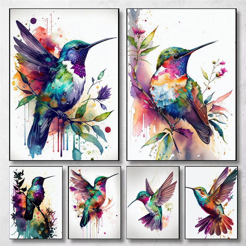 Photography Nature - (1pc frameless)Watercolor Colorful Birds Hummingbird Flower