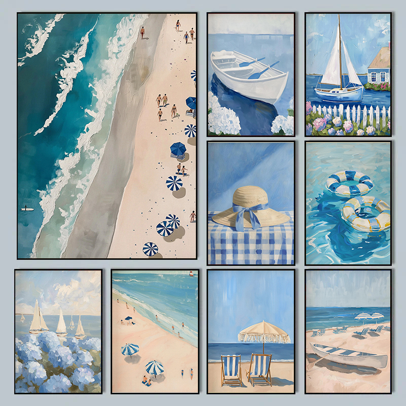 Photography Nature - Blue Coastal Beach Sailboat Hydrangea Landscape