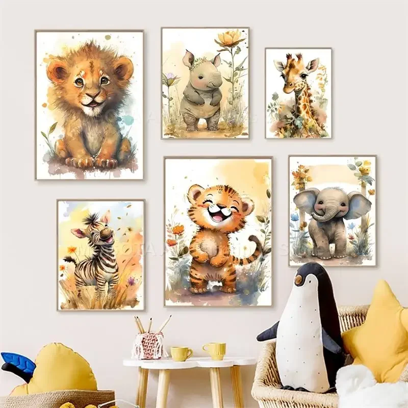Photography Nature - Watercolor Lion Giraffe Tiger Elephant Zebra