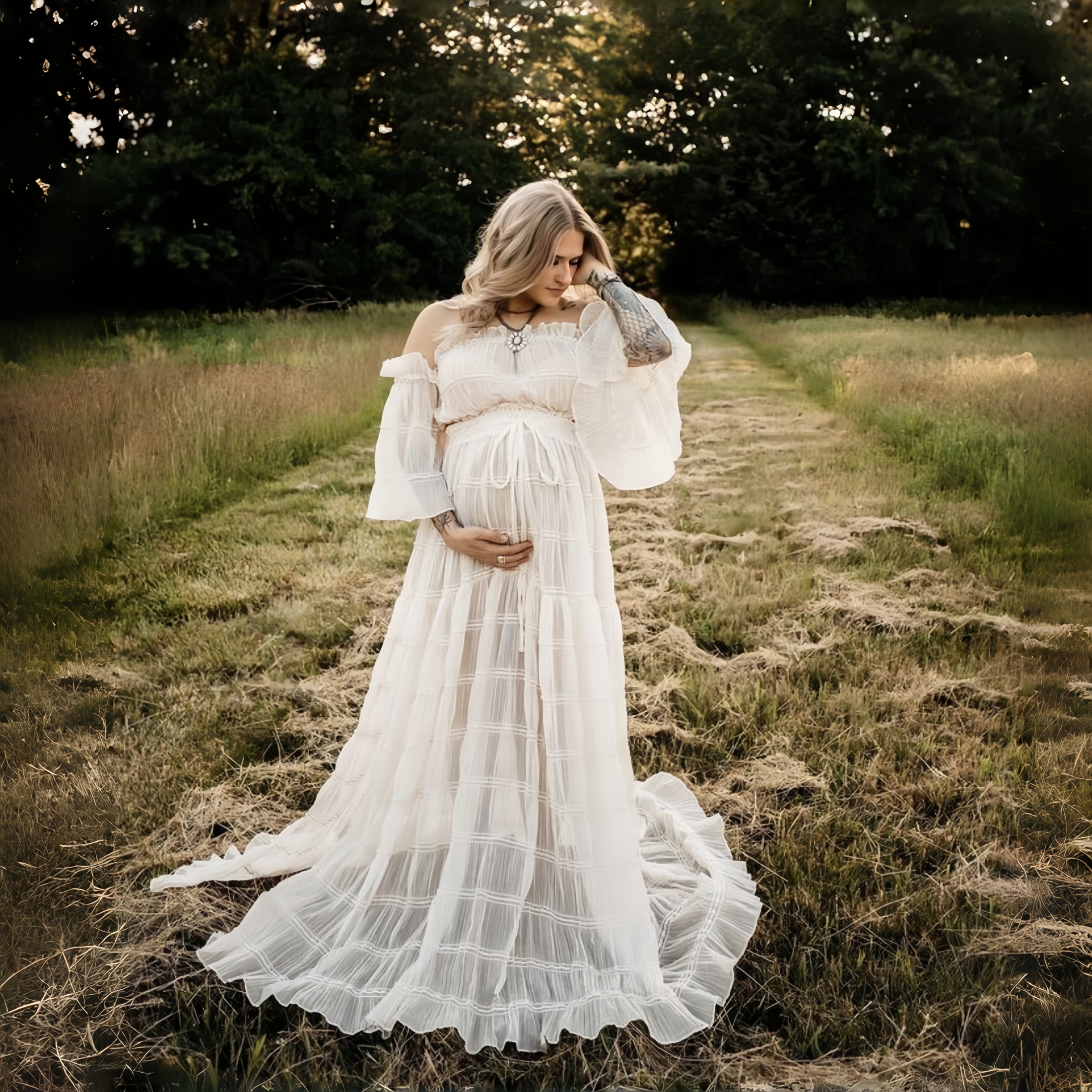 White Pleated Chiffon Maternit - Photography Outfits reseña y precio
